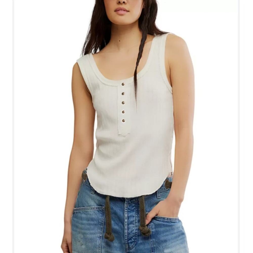 Free People Care Bryson Henley Tank Top Large Ribbed White Cotton Button Front